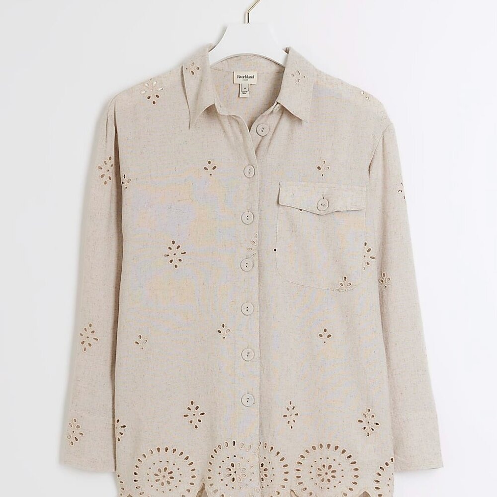 RIVER ISLAND Shirt Womens 12 Stone Broderie Eyelet Embroidered Scallop Tunic